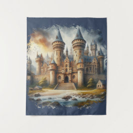 Tapiz Castillo medieval al atardecer con cielos atmosfér