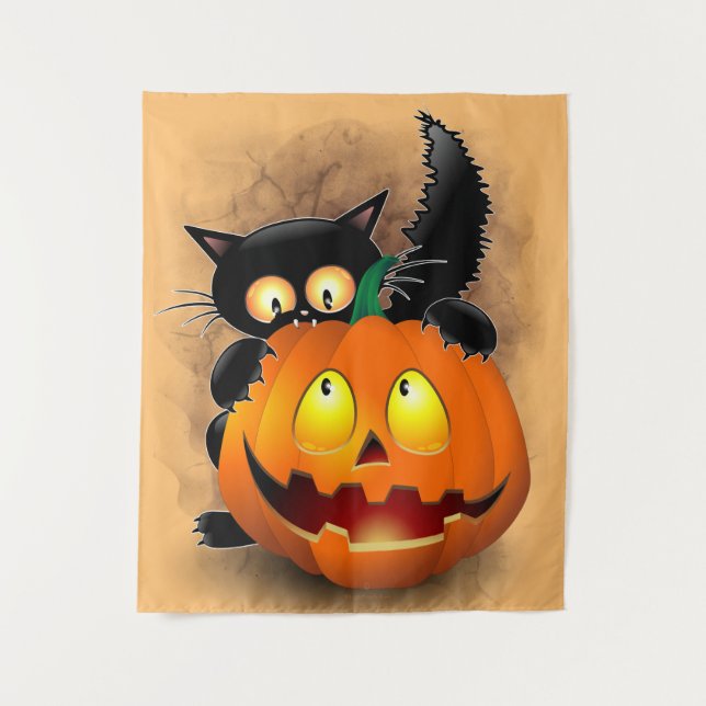 Tapiz Cat Fun Halloween Character biting a Pumpkin   (Anverso)