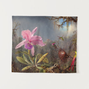 Tapiz Cattleya Orchid y tres Hummingbirds por Heade