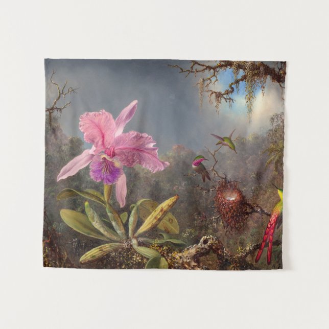 Tapiz Cattleya Orchid y tres Hummingbirds por Heade (Anverso (horizontal))