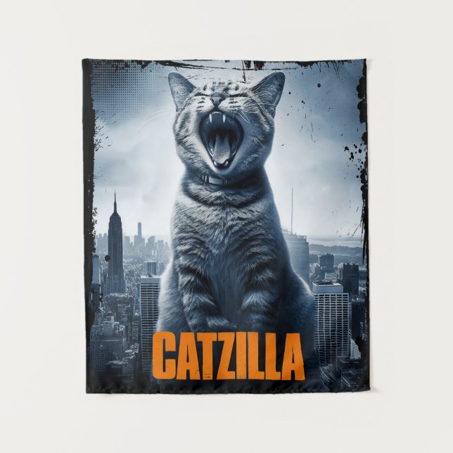 Tapiz Catzilla Funny Cat Meme Poster Tapestry (Anverso)