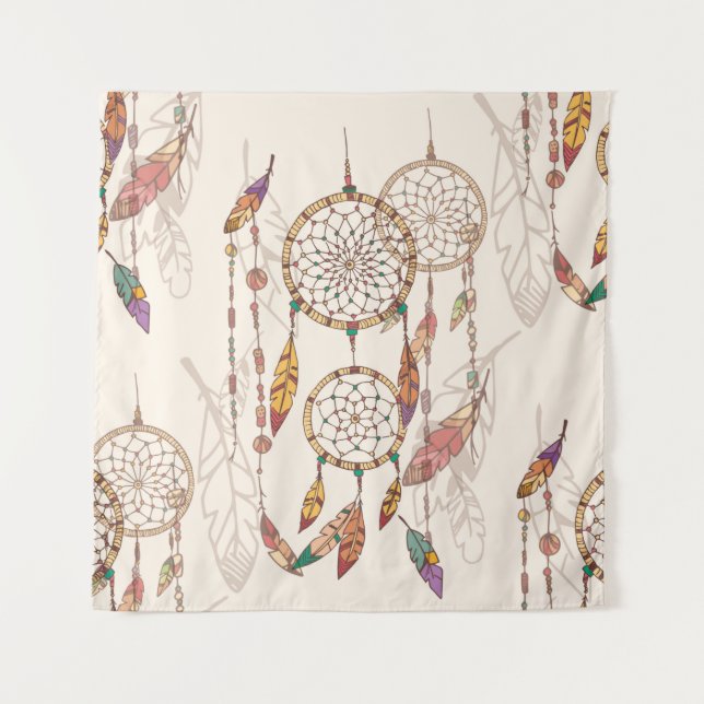 Tapiz Cazador de sueños bohemias con abalorios y plumas, (Anverso)