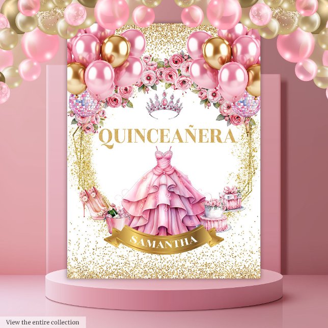 Tapiz Celebración rosa del fondo del Gold Tiara Quinceañ (Gold Tiara Quinceañera Backdrop Pink Celebration

)