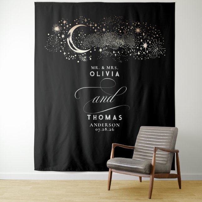 Tapiz Celestial Starry Night Moon Black Boda Backdrop (In situ)