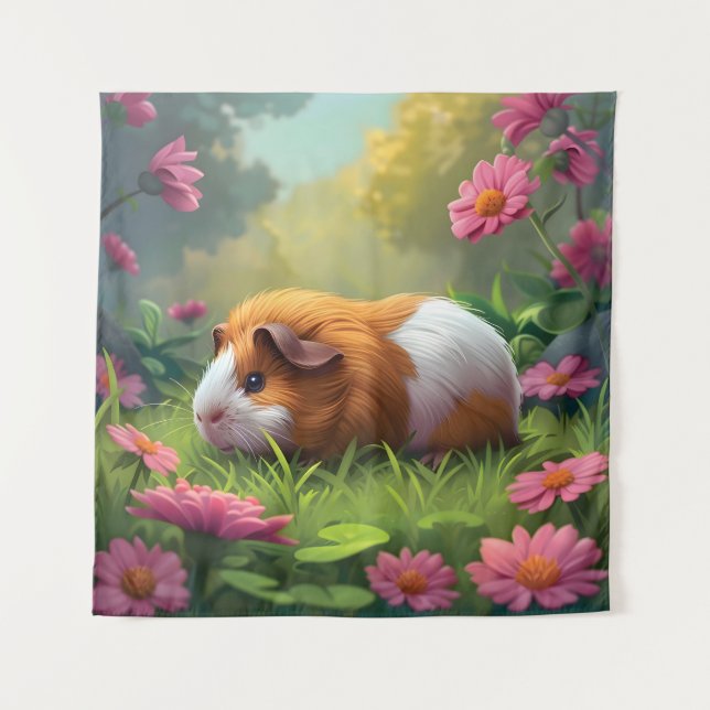 Tapiz Cerdo De Guinea Entre Las Flores Rosa (Anverso)