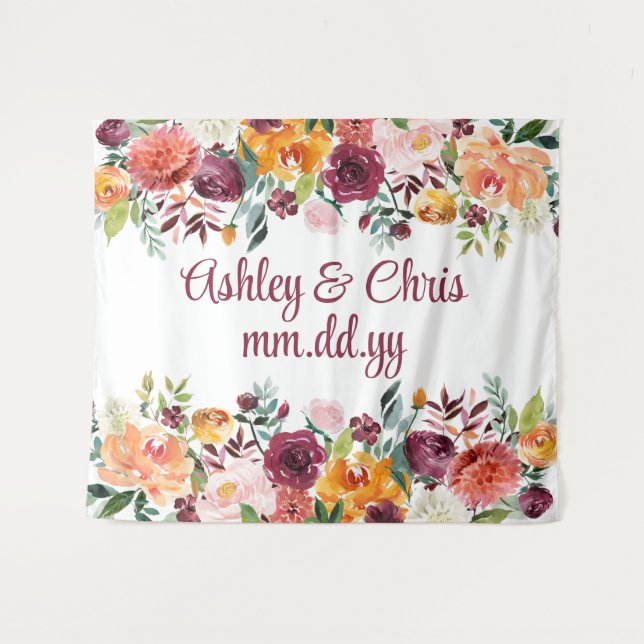 Tapiz Ceremonia de boda personalizada Floral Photo Booth (Anverso (horizontal))