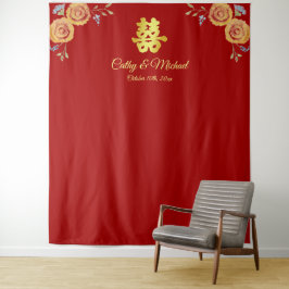 Tapiz Ceremonia de té con flores del naranja boda de Chi