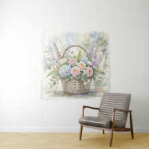 Cesta floral de acuarela con rosas e hydrangeas