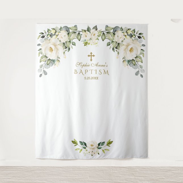 Tapiz Charm White Floral Baptism Chica Photo Booth Prop (Anverso)