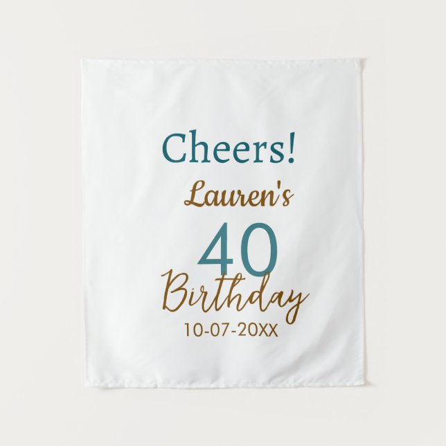 Tapiz Cheers 40th birthday name date brown turquoise sim (Anverso)