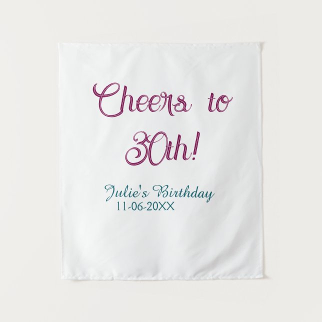 Tapiz Cheers to 30th birthday name date mauve blue elega (Anverso)