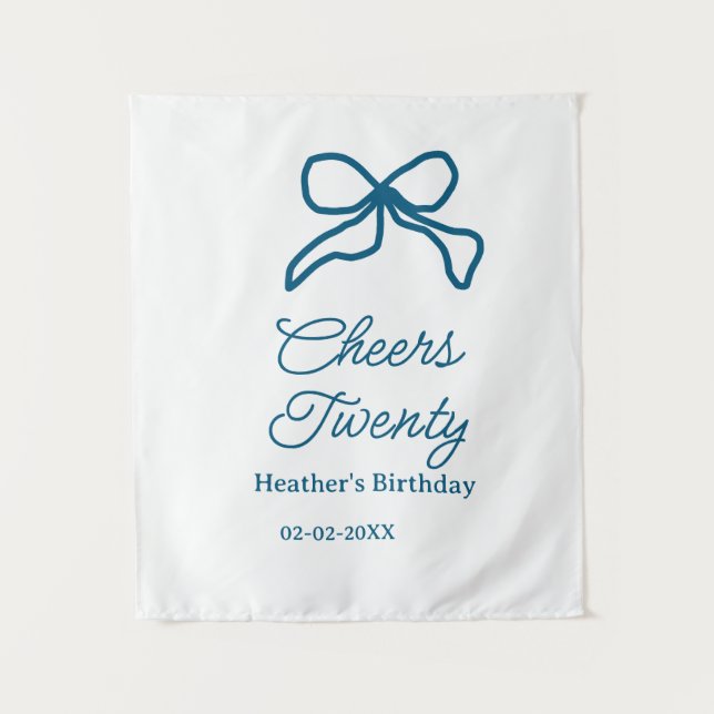 Tapiz Cheers twenty blue birthday bow name date boho ret (Anverso)
