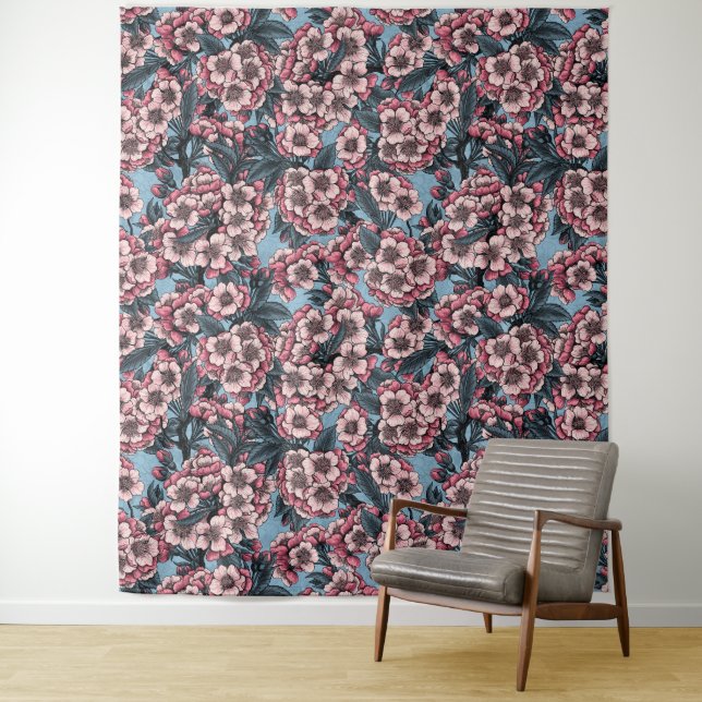 Tapiz Cherry blossom in pink and blue (In situ)