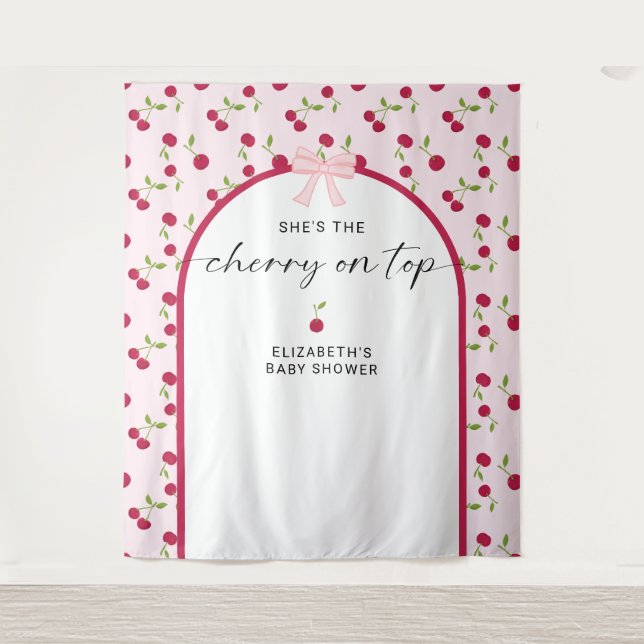 Tapiz Cherry On Top Baby Shower Coquette Bow Backdrop (Anverso)