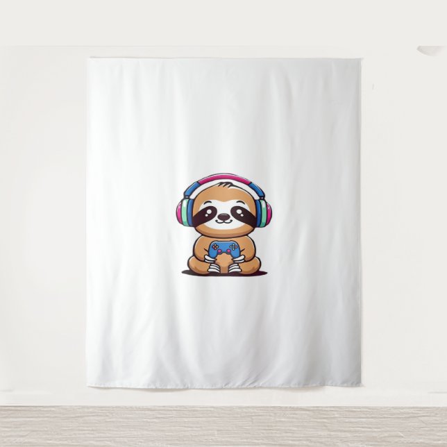 Tapiz Chibi Kawaii Sloth Gamer - Animal gracioso con (Anverso)