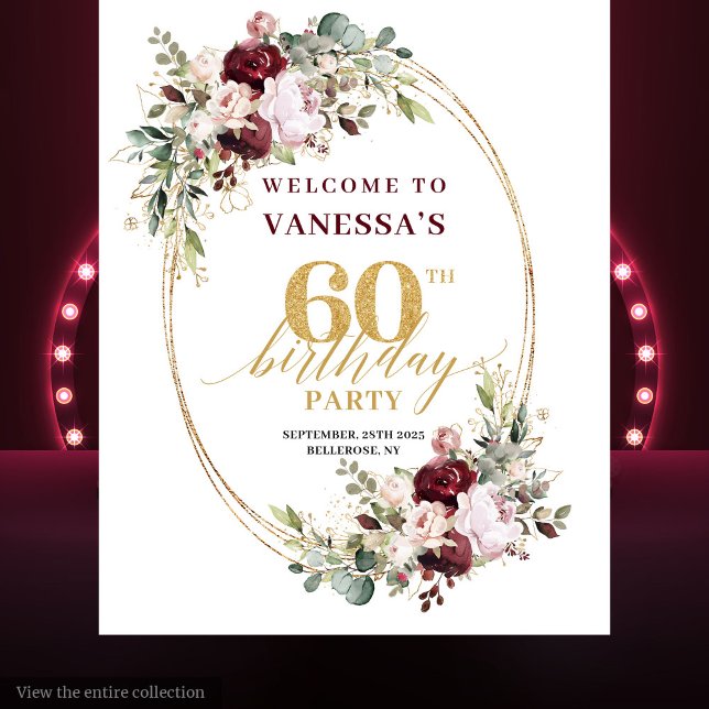 Tapiz Chic Boho Burgundy Gold Eucalyptus 60th Backdrop (Chic Boho Burgundy Gold Eucalyptus 60th Backdrop)