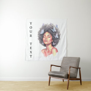 Tapiz Chica Afro con mariposa en acuarela personalizada 