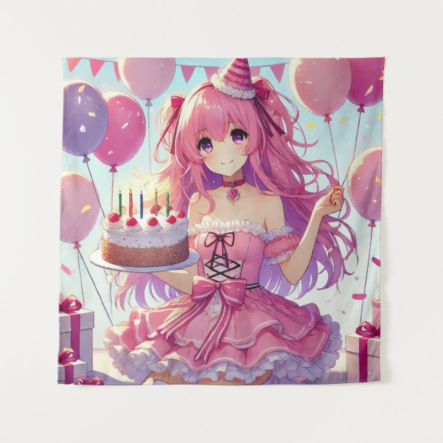 Tapiz Chica anime Cumpleaños rosa (Anverso)