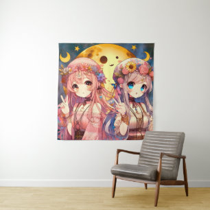 Tapiz Chica Anime Hippie Luna Chicas Dando Signo de Paz