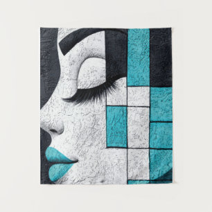 Tapiz Chica Cara Mosaico Azul Retrato Abstracto