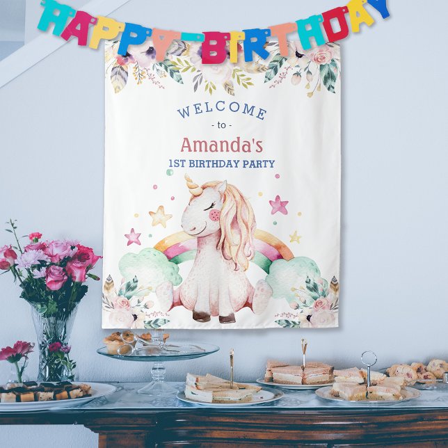 Tapiz Chica Cumpleaños Bienvenida Unicornio Arcoíris Flo (Flower Rainbow Unicorn Girl Birthday Welcome Tapestry)