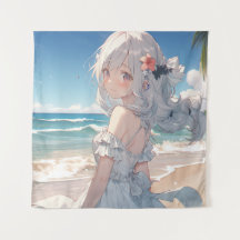 Chica de anime de pelo blanco en la playa