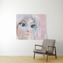 Tapiz Chica de Anime Pastel con Gafas y Corazones