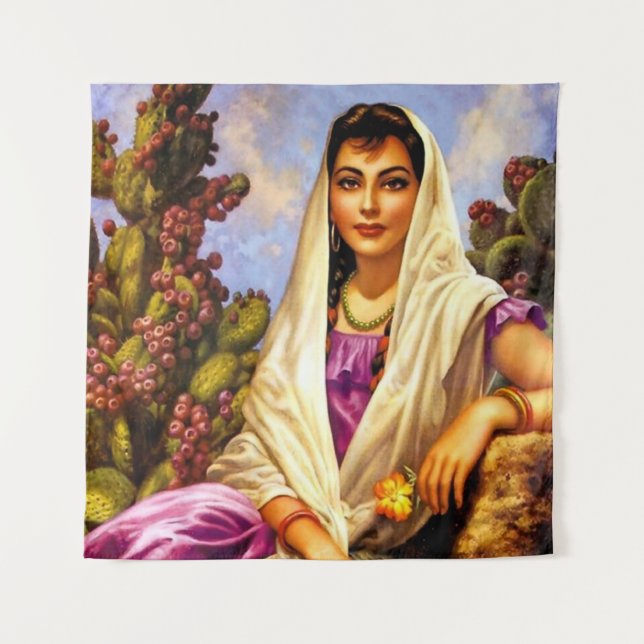 Tapiz Chica de calendario de belleza mexicano con crema  (Anverso)