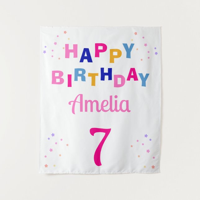 Tapiz Chica de las estrellas rosadas Feliz cumpleaños (Anverso)