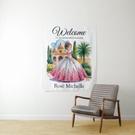 Tapiz Chica de Quinceañera en signo de bienvenida con tr