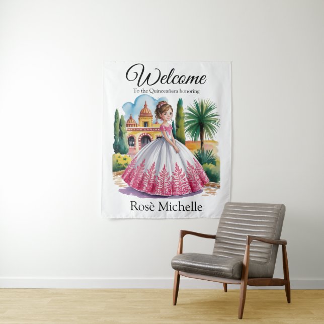 Tapiz Chica de Quinceañera en signo de bienvenida con tr (In situ)