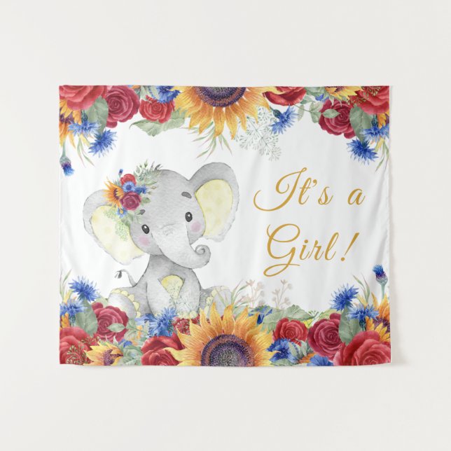 Tapiz Chica Elephant Sunflower Baby Shower Fondo (Anverso (horizontal))