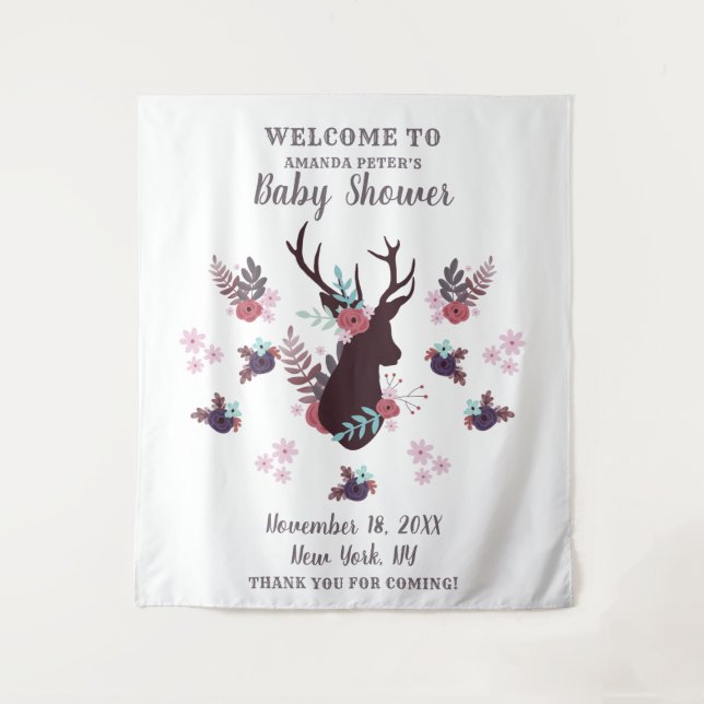 Tapiz Chica floral Rustic Deer Head Mauve Baby Shower (Anverso)