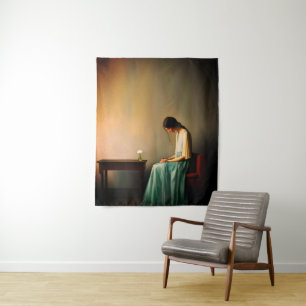 Tapiz Chica minimalista con arte de pared de flores – Em