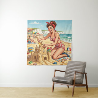 Tapiz Chica Pin Up Vintage Construyendo un Castillo de A