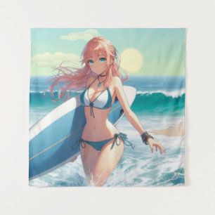 Tapiz Chica surfista de anime costero/naútico/tropical