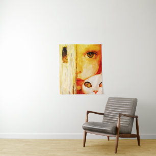 Tapiz Chica surrealista y arte en la pared del gato - Fa