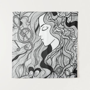 Tapiz Chica y música. Ilustracion de época. Ropa negra