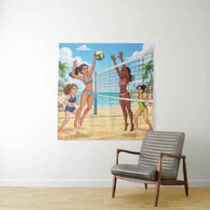Tapiz Chicas de dibujos animados jugando voleibol de pla