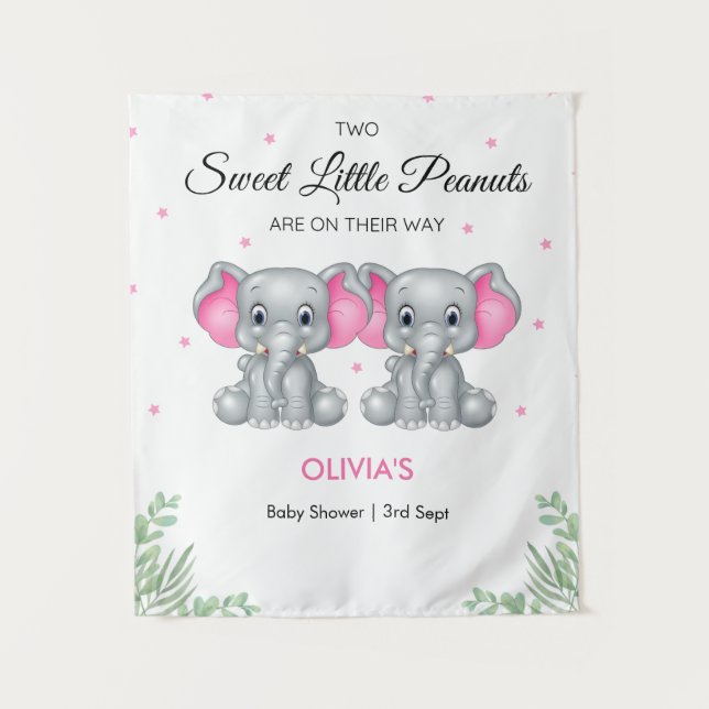Tapiz Chicas gemelos Elephant Rosa con fondo Baby Shower (Anverso)