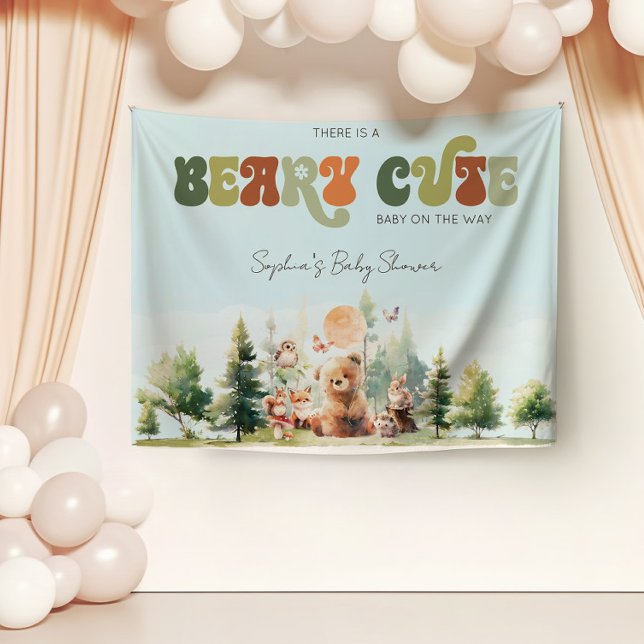 Tapiz Chico fiesta de bebé bosque muy lindo (Beary Cute Woodland Baby Shower Banner)