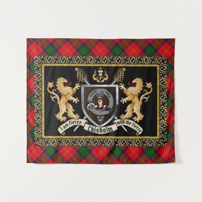 Tapiz Chisholm Clan Badge & Motto con Leones (Anverso (horizontal))