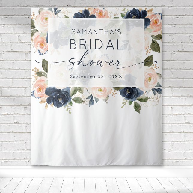 Tapiz Chorro de Novia Botánico Acuarela Floral (Blush pink and navy blue floral botanical watercolor bridal shower tapestry for the perfect backdrop)