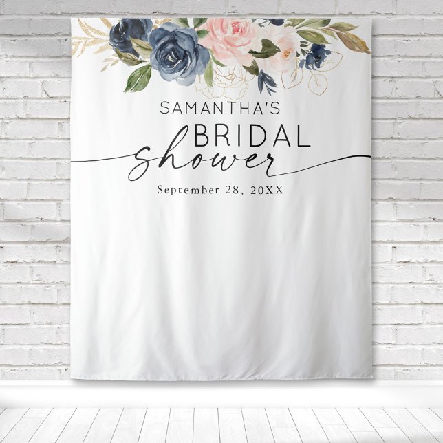 Tapiz Chorro Nupcial De Acuarela Floral Rosa Y Azul Mari (Pink peony floral botanical gold watercolor design on this bridal shower tapestry backdrop.)