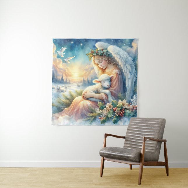 Tapiz Christmas Angel with Lamb in Winter Peace (In situ)