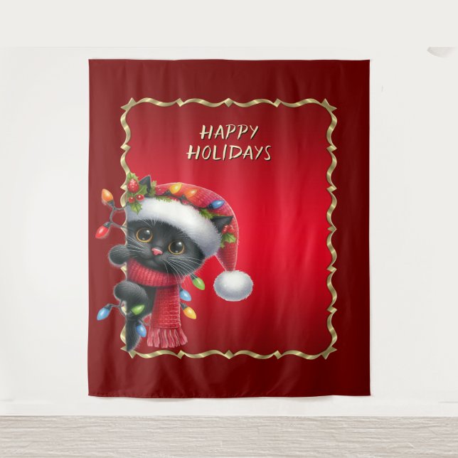 Tapiz Christmas Black Cat Holiday Backdrop (Anverso)