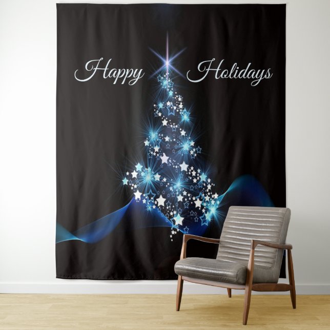 Tapiz Christmas Party Blue Tree Shiny Black Elegant (In situ)