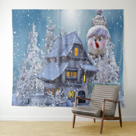 Tapiz Christmas Party Winter White Snowman Blue Rustic