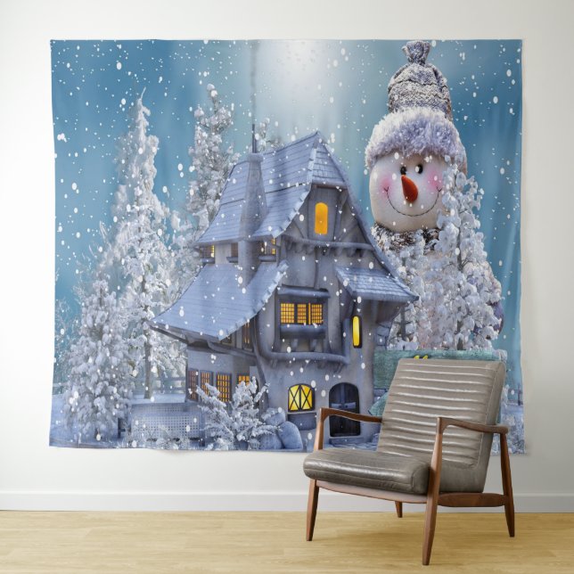 Tapiz Christmas Party Winter White Snowman Blue Rustic (In situ (horizontal))