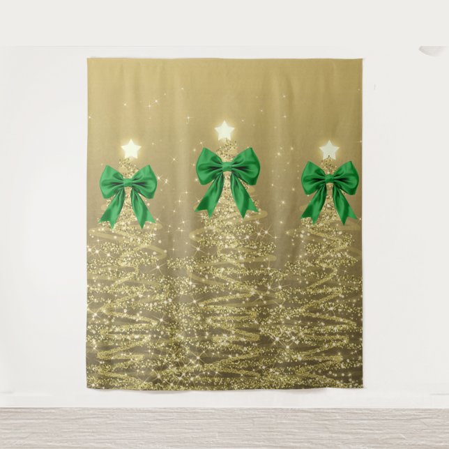 Tapiz Christmas Sparkling Trees Gold Faux Green Bow  (Anverso)